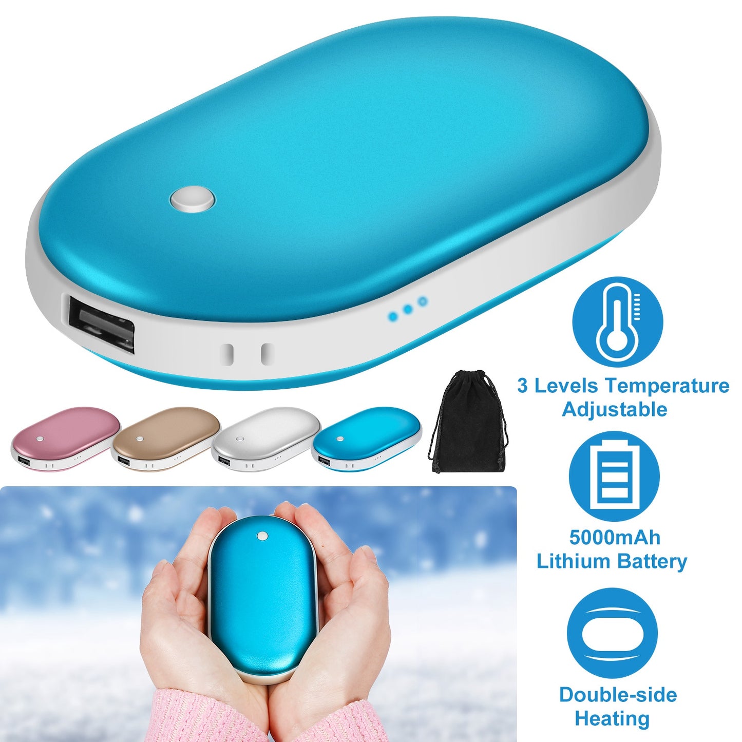 Rechargeable Hand Warmer & 5000mAh Power Bank - Double-Sided Heating